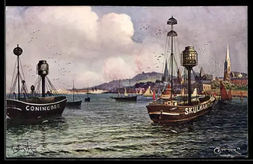Künstler-AK Feuerschiffe Coningbeg und Skulmartin vor der Küste