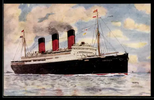 Künstler-AK Passagierschiff R.M.S. Berengaria der Cunard Line auf hoher See
