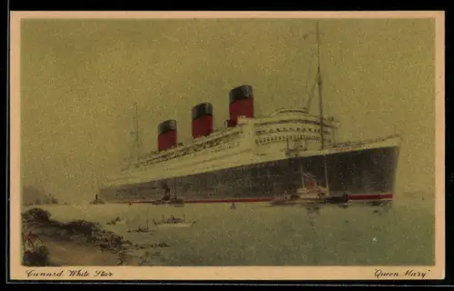 AK Passagierschiff Queen Mary der Cunard White Star Line mit Schleppern in Küstennähe