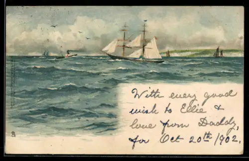 AK Zweimast-Brigg und weitere Segelfahrzeuge in bewegter See vor der Küste, Segelschiff