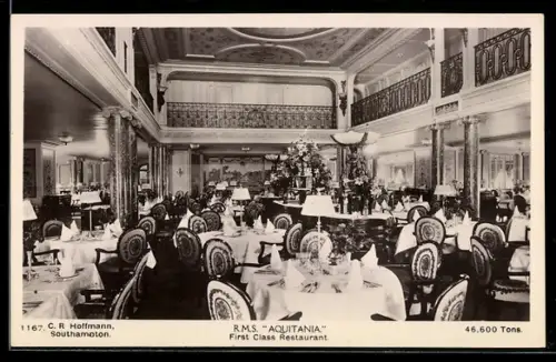 AK Passagierschiff R.M.S. Aquitania, First Class Restaurant