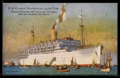AK Passagierschiff R.M.S. Strathallan vor Anker liegend, umgeben von Ruderbooten und Segelfahrzeugen