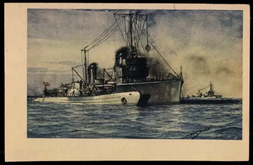 Künstler-AK U-Boot der Kriegsmarine von Typ VIIA übernimmt Torpedos von Torpedofangboot