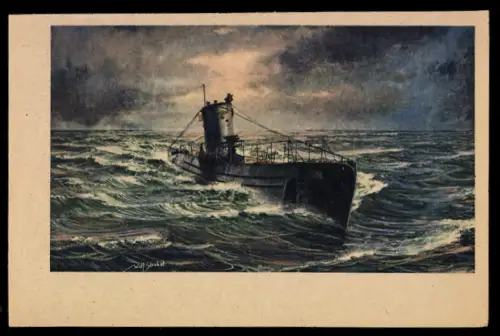 Künstler-AK U-Boot der Kriegsmarine von Typ VIIA auf Einsatzfahrt