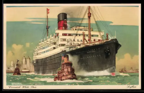 Künstler-AK Passagierschiff Scythia der Cunard White Star Line wird von Schleppern begleitet
