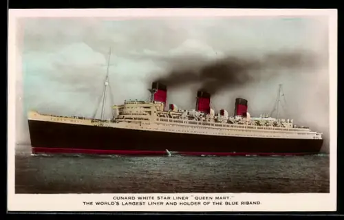 AK Passagierschiff Queen Mary der Cunard White Star Line auf See
