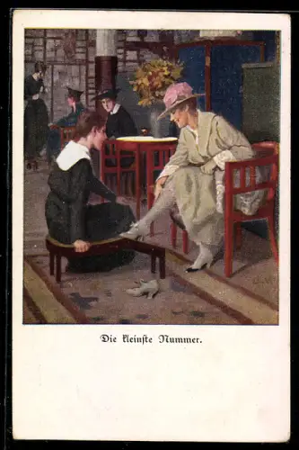 Künstler-AK Brynolf Wennerberg: Die kleinste Nummer, Frau im Schuhgeschäft