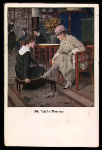 Künstler-AK Brynolf Wennerberg: Die kleinste Nummer, Frau im Schuhgeschäft