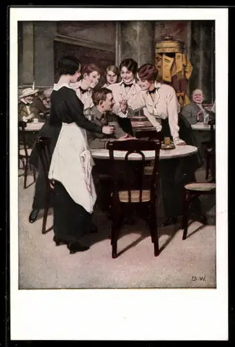 Künstler-AK Brynolf Wennerberg: Der Stammgast, Soldat im Cafe