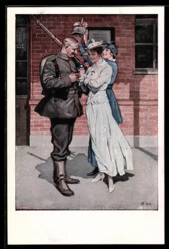 Künstler-AK Brynolf Wennerberg: Kriegspostkarte Nr. 8: Soldat verabschiedet Frauen am Bahnhof