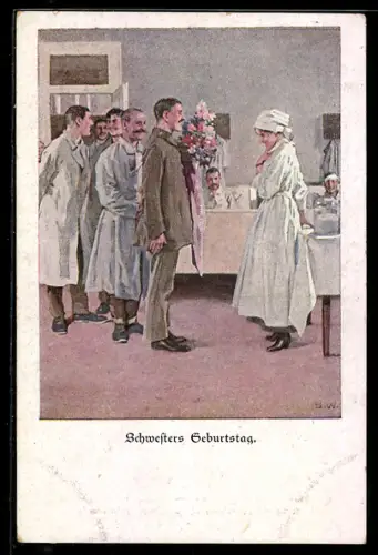 Künstler-AK Brynolf Wennerberg: Schwesters Geburtstag, Ein Bruder überrascht seine Schwester im Krankenhaus mit Blumen