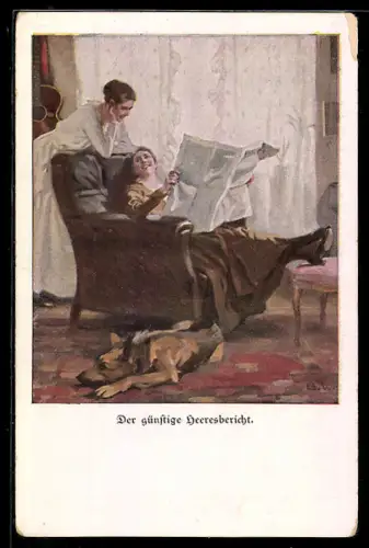 Künstler-AK Brynolf Wennerberg: Frauen lesen den Heeresbericht, Schäferhund