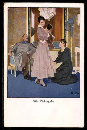 Künstler-AK Brynolf Wennerberg: Die Liebesgabe, Dame in fliederfarbenem Kleid lächelt freundlich