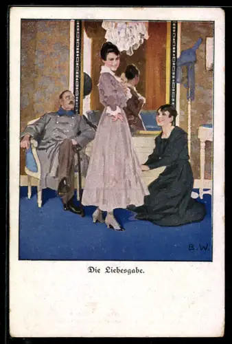 Künstler-AK Brynolf Wennerberg: Die Liebesgabe, Dame in fliederfarbenem Kleid lächelt freundlich