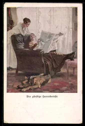 Künstler-AK Brynolf Wennerberg: Frauen lesen den Heeresbericht, Schäferhund