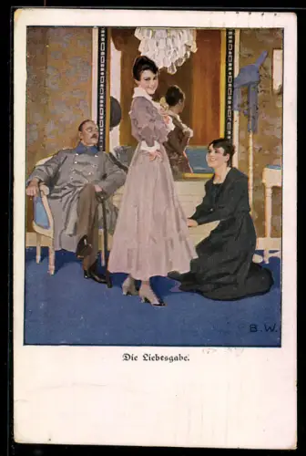 Künstler-AK Brynolf Wennerberg: Die Liebesgabe, Dame in fliederfarbenem Kleid lächelt freundlich