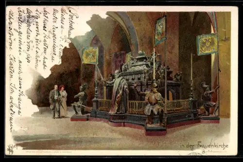 Künstler-Lithographie Heinrich Kley: In der Frauenkirche, Sarkophag