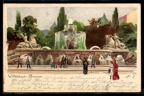 Künstler-Lithographie Heinrich Kley: Wittelsbach-Brunnen, Partie mit Passanten