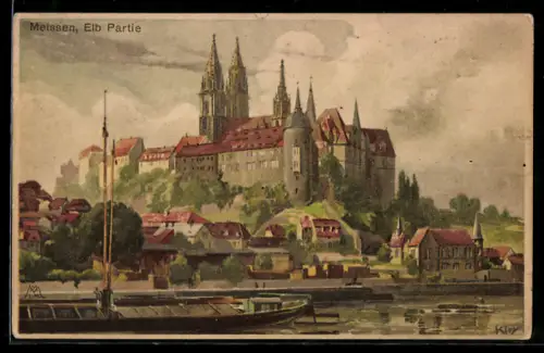 Künstler-AK Meissen, Elb Partie, Kgl. Albrechtsburg