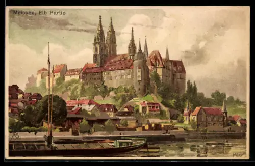 Künstler-AK Meissen, Elb Partie, Kgl. Albrechtsburg