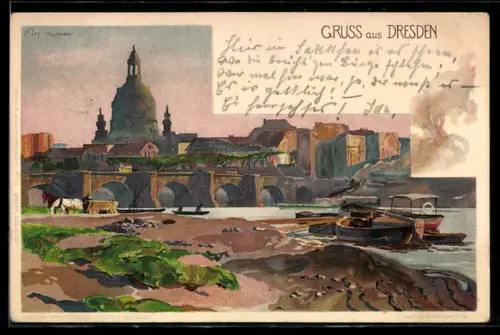 Künstler-AK Heinrich Kley: Dresden, Blick von der Elbe auf die Stadt