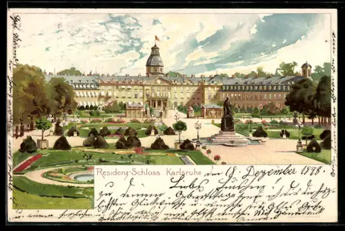 Lithographie Karlsruhe, Blick auf das Residenz-Schloss