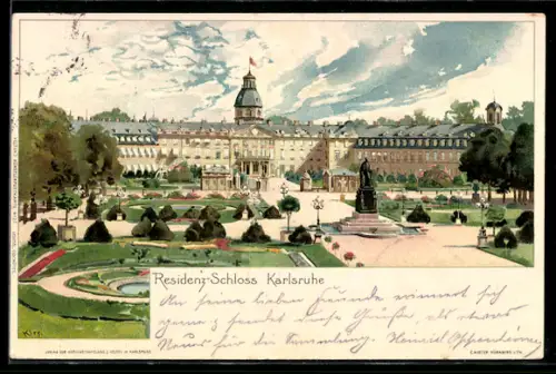 Lithographie Karlsruhe, Blick auf das Residenz-Schloss