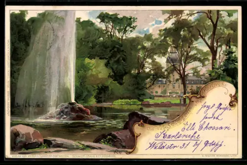 Lithographie Karlsruhe, Schlosspark, Schloss, Fontäne