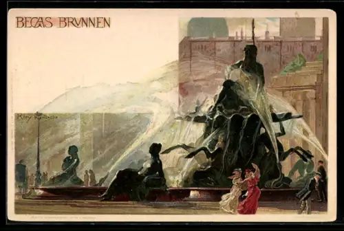 Künstler-AK Heinrich Kley: Berlin, Begas Brunnen, Wind lässt es vom Brunnen auf die Damen regnen