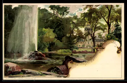 Lithographie Karlsruhe, Schlosspark, Schloss, Fontäne