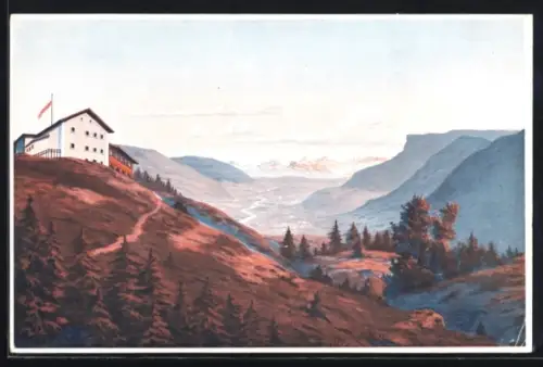 Künstler-AK Lana, Vigiljoch, Alpengasthaus Gamplhof mit Bergpanorama