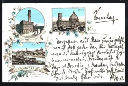 Lithographie Firenze, Palazzo Vechio, Duomo