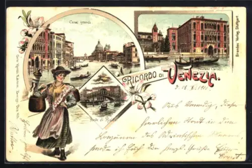 Lithographie Venezia, Ponte di Rallo, Canal grande, Palazzo Cavalli