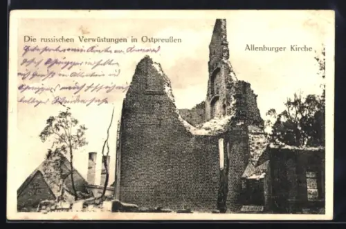 AK Allenburg, Durch russische Truppen zerstörte Kirche in Allenburg