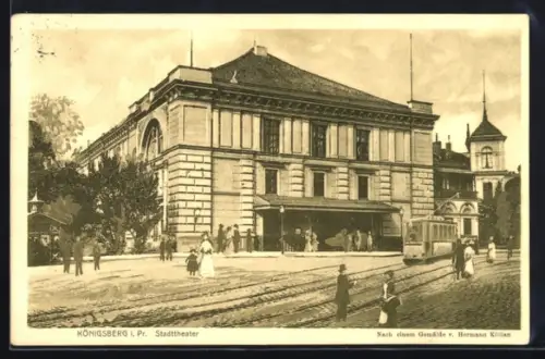 AK Königsberg i. Pr., Strassenpartie am Stadttheater, Strassenbahn