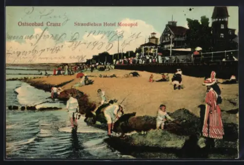AK Cranz, Hotel Monopol, Strand mit Urlaubern