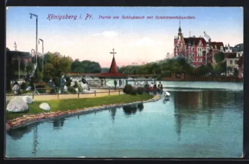 AK Königsberg i. Pr., Partie am Schlossteich mit Schwanenhäuschen