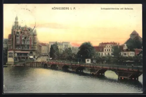 AK Königsberg i. P., Schlossteichbrücke mit Bellevue