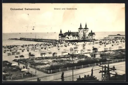 AK Swinemünde, Strand und Seebrücke