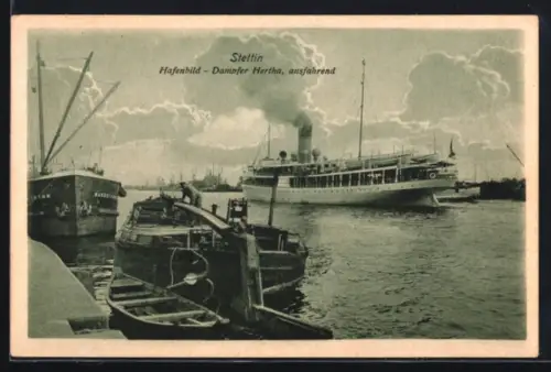AK Stettin, Hafenbild, Dampfer Hertha auslaufend