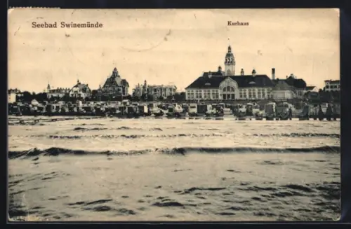 AK Swinemünde, Blick zum Kurhaus vom Strand aus gesehen