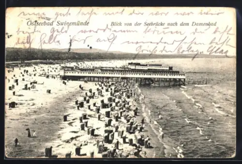 AK Swinemünde, Blick von der Seebrücke nach dem Damenbad