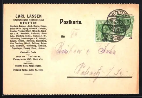AK Stettin, Carl Lassen, Internationales Speditionshaus, Korrespondenzkarte