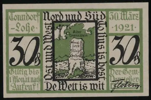 Notgeld Tonndorf-Lohe 1921, 50 Pfennig, alter Grenzstein mit Inschrift Wandsbek Königlich Amtlich