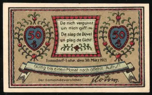 Notgeld Tonndorf-Lohe 1921, 50 Pfennig, ländliche Szene mit Haus und Fluss, dekorative Herzmotive