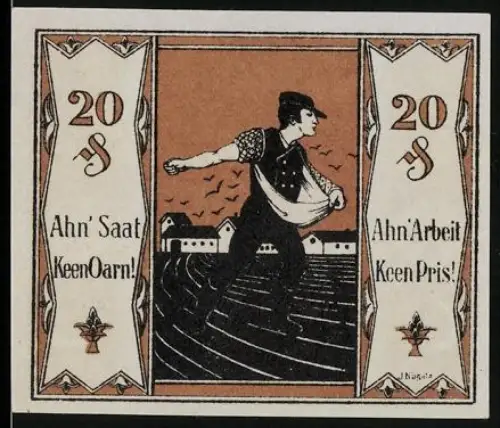 Notgeld Tonndorf-Lohe 1921, 20 Pfennig, Bauer bei der Aussaat, Sprüche und landwirtschaftliche Symbole