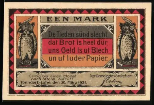 Notgeld Tonndorf-Lohe 1921, 1 Mark, Eulen und Spruch über Geld und Brot, Kind auf Geldsack