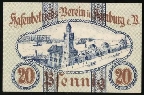 Notgeld Hamburg 1920, 20 Pfennig, Hafenansicht mit Uhrturm und Schiffen