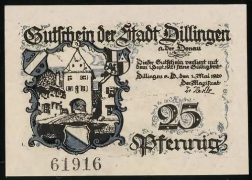 Notgeld Dillingen a. d. Donau 1920, 25 Pfennig, Stadttor und Ortsansicht mit Flusslandschaft