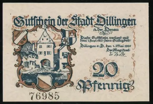 Notgeld Dillingen a. d. Donau 1920, 20 Pfennig, Stadttor und Ortsansicht an der Donau